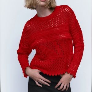 Zara red chunky open knit textured Pointelle sweater